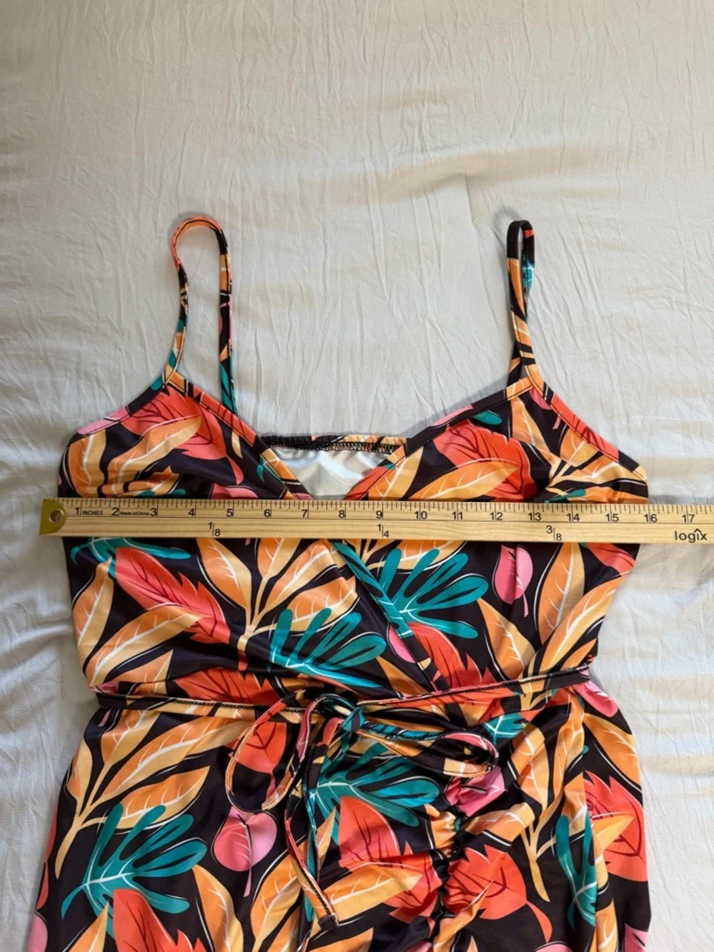 Tropical‎ Print Belted Ruched Ruffle Hem Dress Size Medium